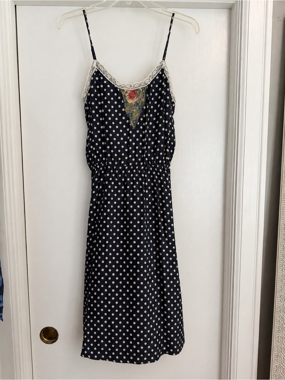 Beyond vintage Navy Polka Dot Midi Slip Dress with Lace Trim, size S